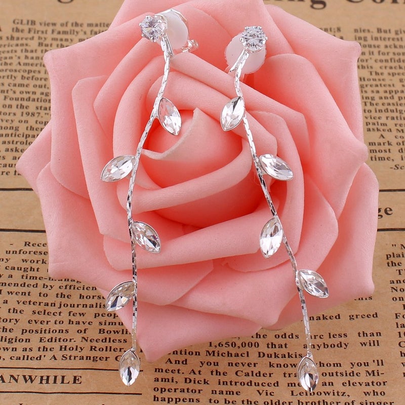 Grace Jun Silver Plated CZ Rhinestone Long Tassel Drop Earrings and Clip on Earrings No Pierced for Women (Ear clip) - Image 2